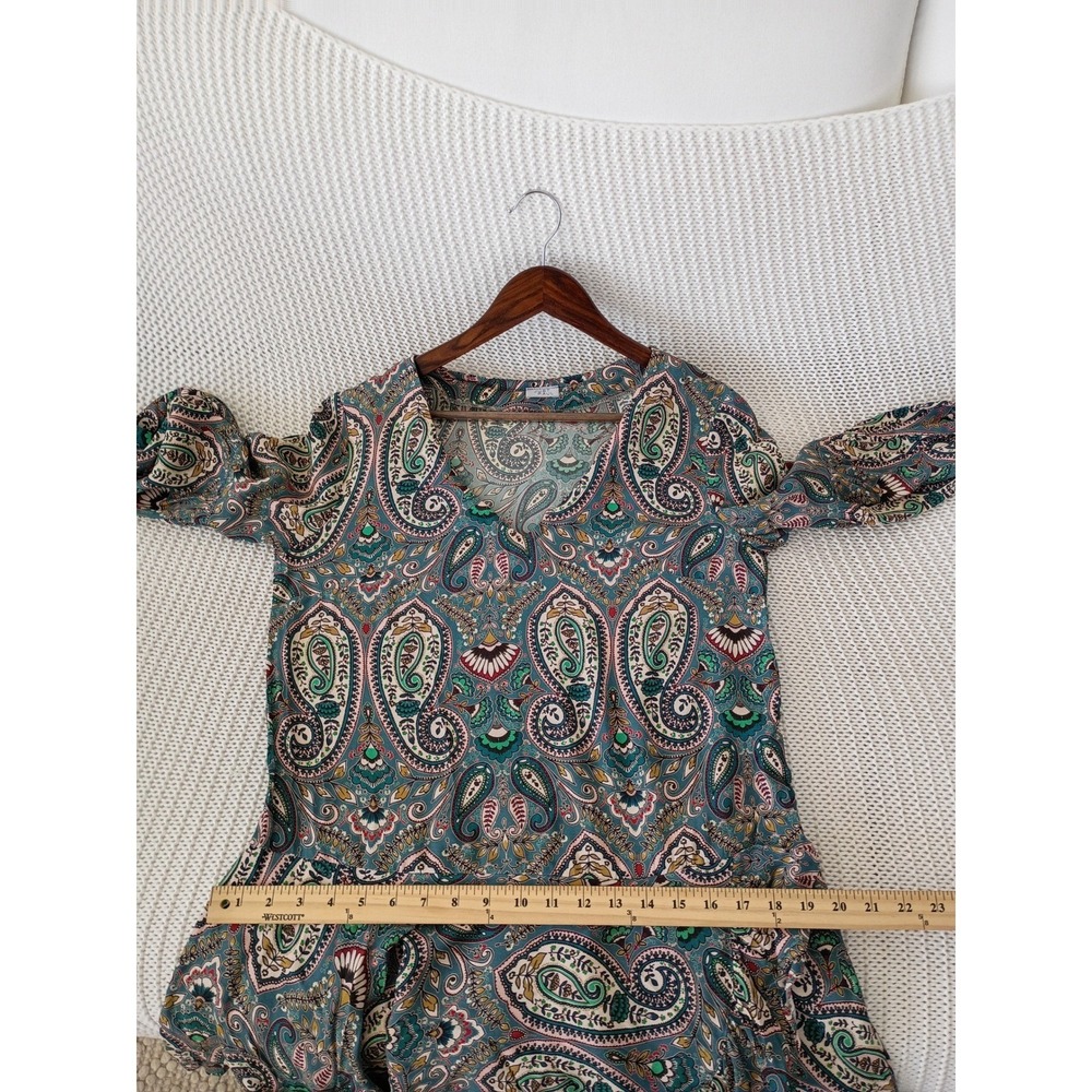 Just Paul Paisley Boho Mini Dress Teal V-Neck Bell Sv Ruffle Hem Poland Made - Picture 7 of 11